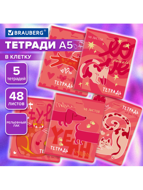 Тетради ДЭК А5 48 л. КОМПЛЕКТ 5 шт. BRAUBERG, скоба, клетка, TWIN-лак, 