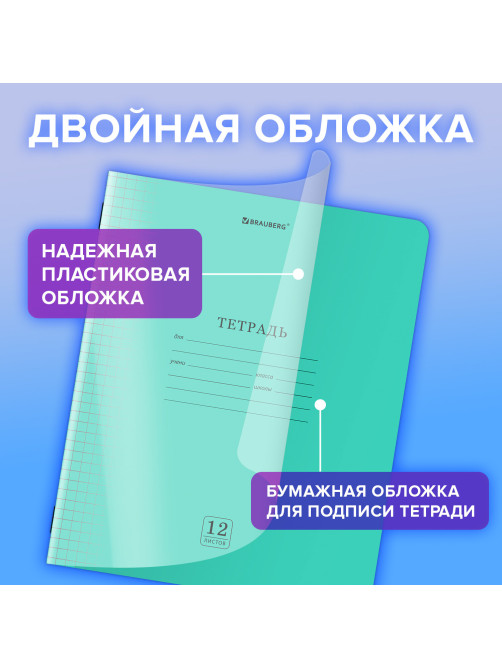 Тетрадь пластиковая обложка (прозрачная) 12 листов, клетка, BRAUBERG 