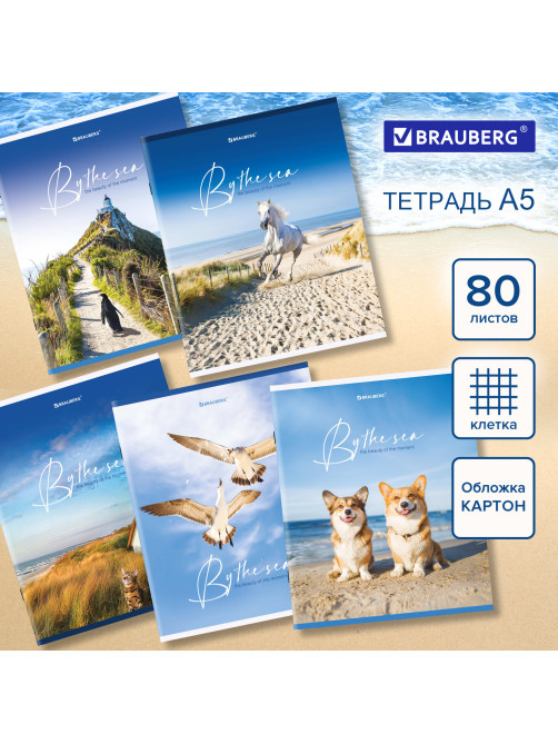 Тетрадь А5, 80 л., BRAUBERG, скоба, клетка, обложка картон, 