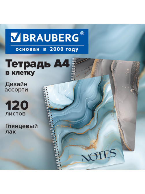 Тетрадь А4, 120 л., BRAUBERG, гребень, клетка, глянцевый лак, 