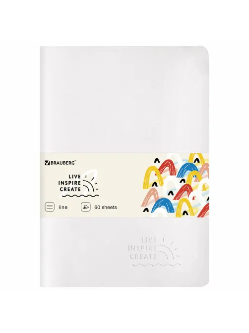Тетрадь 60 л. в линию обложка кожзам SoftTouch, сшивка, B5 (179х250мм), БЕЛЫЙ, BRAUBERG RAINBOW, 403887