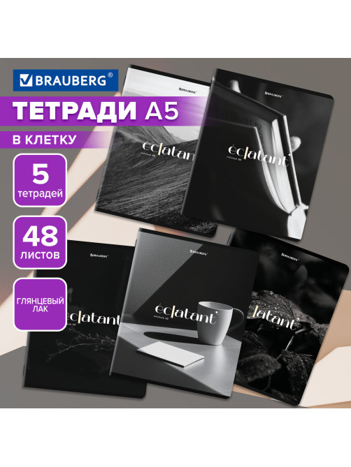 Тетради ДЭК А5 48 л. КОМПЛЕКТ 5 шт. BRAUBERG, скоба, клетка, глянцевый лак, 