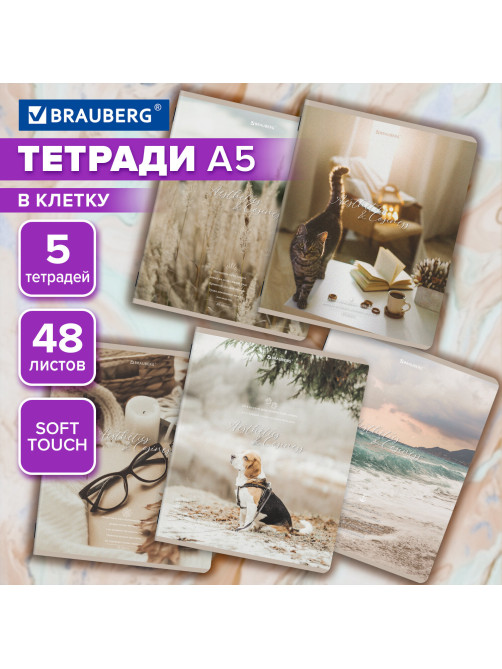 Тетради ДЭК А5 48 л. КОМПЛЕКТ 5 шт. BRAUBERG, скоба, клетка, SoftTouch, 