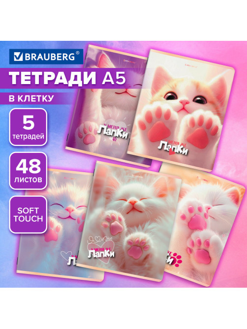 Тетради ДЭК А5 48 л. КОМПЛЕКТ 5 шт. BRAUBERG, скоба, клетка, SoftTouch, 