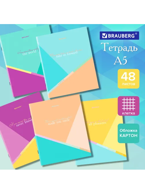 Тетрадь А5 48 л. BRAUBERG скоба, клетка, обложка картон, 
