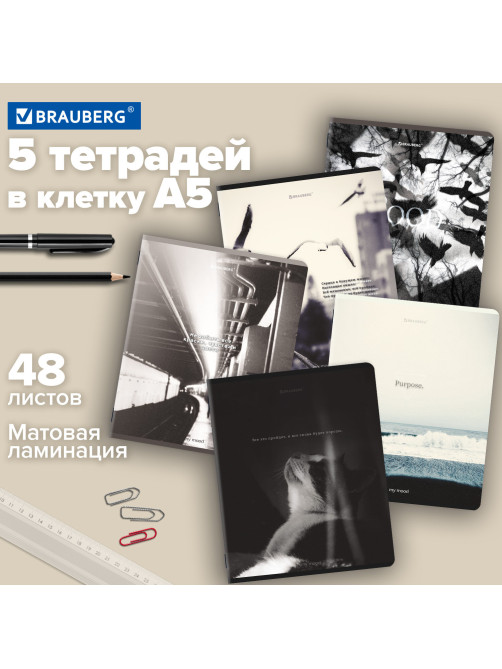 Тетради ДЭК А5 48 л. КОМПЛЕКТ 5 шт. BRAUBERG скоба, клетка, матовая ламинация, MOOD, 404955