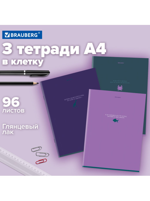 Тетради ДЭК А4 96 л. КОМПЛЕКТ 3 шт. BRAUBERG скоба, клетка, глянцевый лак, 