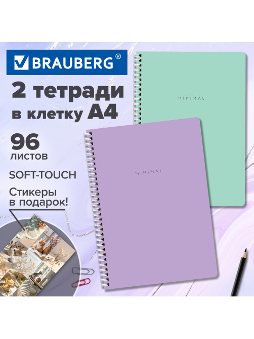 Тетради ДЭК А4 96 л. КОМПЛЕКТ 2 шт., BRAUBERG, гребень, клетка, 80 г/м2, Soft-Touch, 