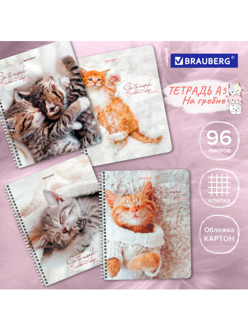 Тетрадь А5, 96 л., BRAUBERG, гребень, клетка, обложка картон, 