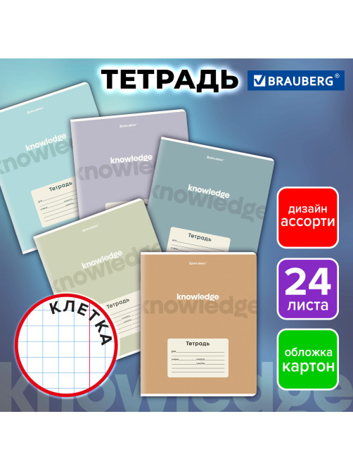 Тетрадь 24 л. BRAUBERG клетка, обложка картон, KNOWLEDGE, 107305