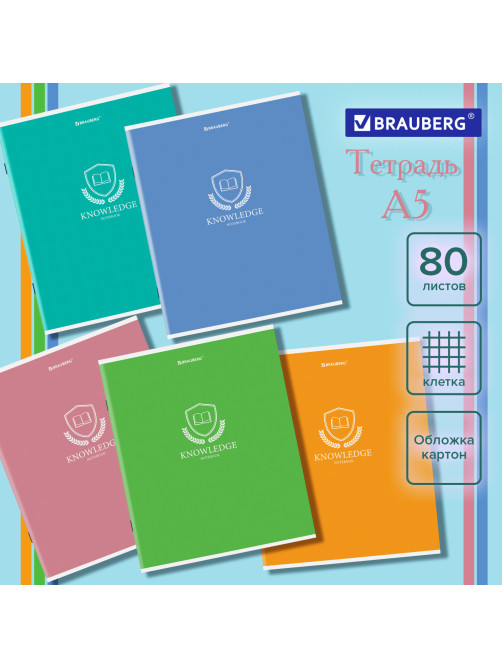 Тетрадь А5, 80 л., BRAUBERG, скоба, клетка, обложка картон, 