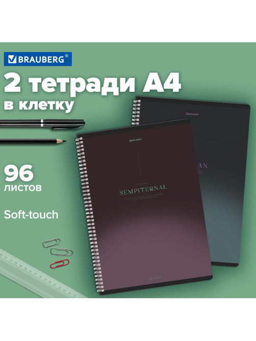 Тетради ДЭК А4 96 л. КОМПЛЕКТ 2 шт. BRAUBERG гребень, клетка, SoftTouch, 