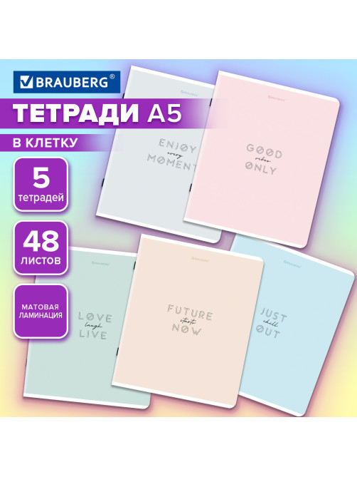 Тетради ДЭК А5 48 л. КОМПЛЕКТ 5 шт. BRAUBERG скоба, клетка, матовая ламинация, 