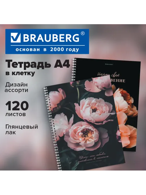 Тетрадь А4, 120 л., BRAUBERG, гребень, клетка, глянцевый лак, 