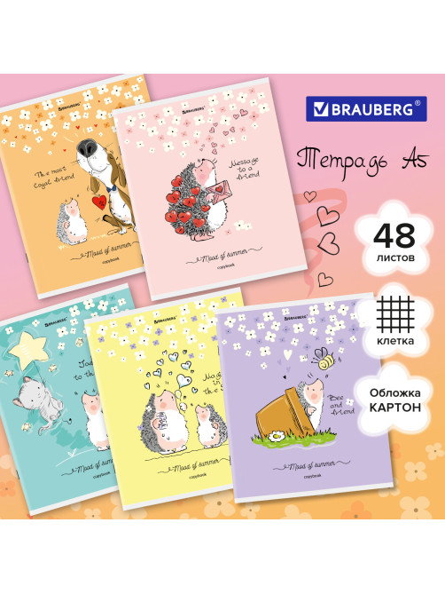 Тетрадь А5 48 л. BRAUBERG скоба, клетка, обложка картон, 
