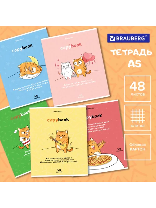 Тетрадь А5, 48 л., BRAUBERG, скоба, клетка, обложка картон, 
