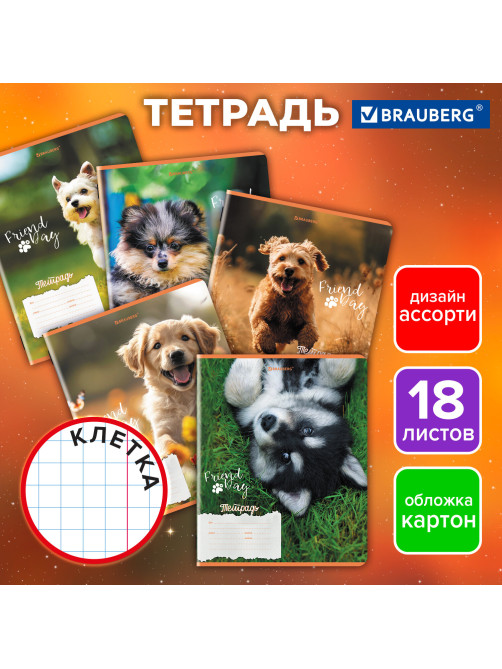 Тетрадь 18 л. BRAUBERG клетка, обложка картон, СОБАЧКИ, 107295
