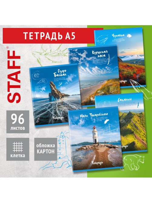 Тетрадь А5, 96 л., STAFF, скоба, клетка, офсет №2 ЭКОНОМ, обложка картон, 