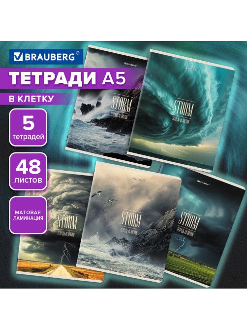Тетради ДЭК А5 48 л. КОМПЛЕКТ 5 шт. BRAUBERG скоба, клетка, матовая ламинация, СТИХИИ, 404958