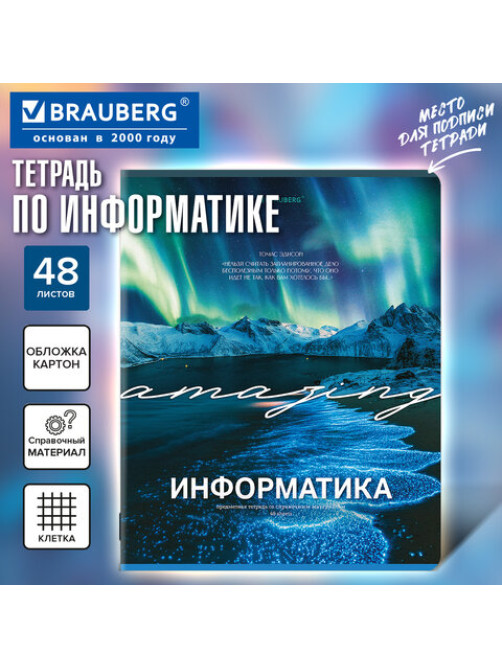 Тетрадь предметная КЛАССИКА ПРИРОДА 48 л., обложка картон, ИНФОРМАТИКА, клетка, подсказ, BRAUBERG, 405088