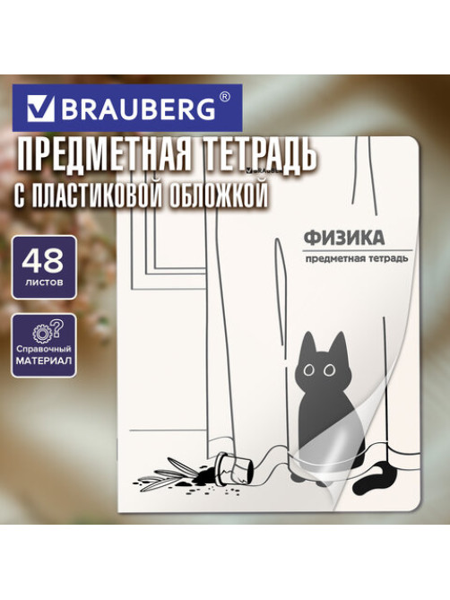 Тетрадь предметная КОТ-НЕПОСЕДА 48 л., пластиковая обложка, ФИЗИКА, клетка, подсказ, BRAUBERG, 405537