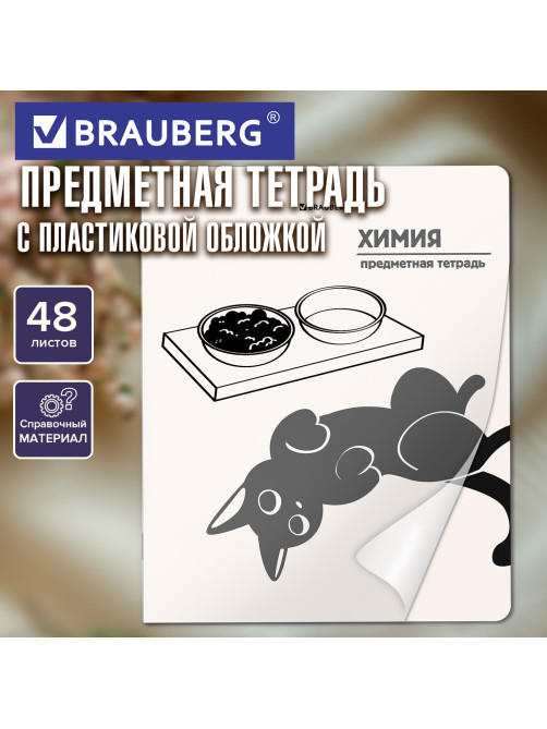 Тетрадь предметная КОТ-НЕПОСЕДА 48 л., пластиковая обложка, ХИМИЯ, клетка, подсказ, BRAUBERG, 405538