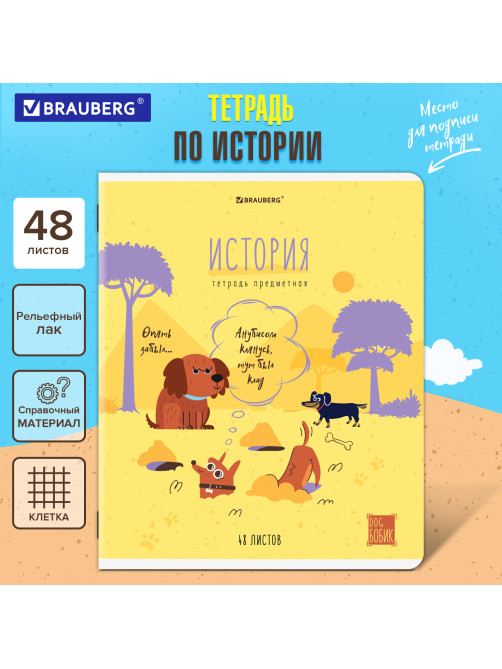 Тетрадь предметная DOG БОБИК 48 л., TWIN-лак, ИСТОРИЯ, клетка, подсказ, BRAUBERG, 404789