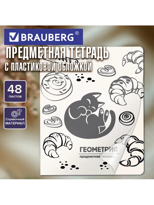 Тетрадь предметная КОТ-НЕПОСЕДА 48 л., пластиковая обложка, ГЕОМЕТРИЯ, клетка, подсказ, BRAUBERG, 405532