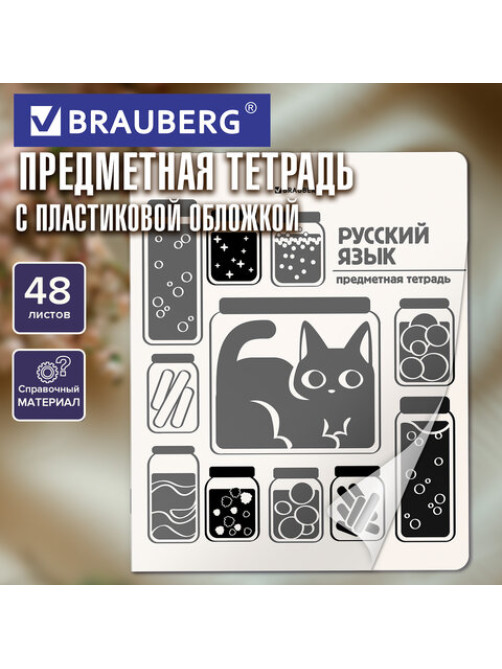 Тетрадь предметная КОТ-НЕПОСЕДА 48 л., пластиковая обложка, РУССКИЙ ЯЗЫК, линия, подсказ, BRAUBERG, 405536