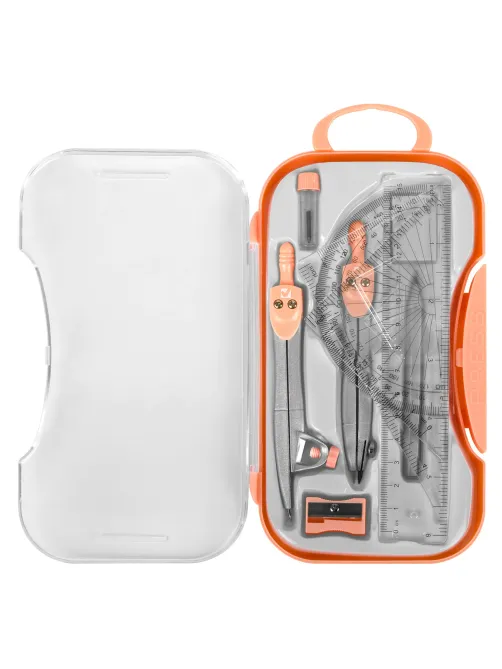 Готовальня BRAUBERG SCHOOL KIT, 11 предметов, циркуль 115 мм, циркуль 125 мм, чертежные принадлежности, персиковый цвет, 210717
