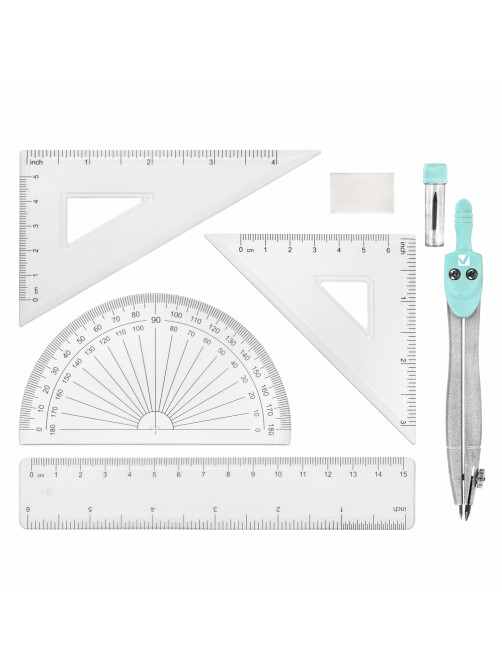 Готовальня BRAUBERG SCHOOL KIT, 8 предметов, циркуль 115 мм, чертежные принадлежности, мятный цвет, 210705