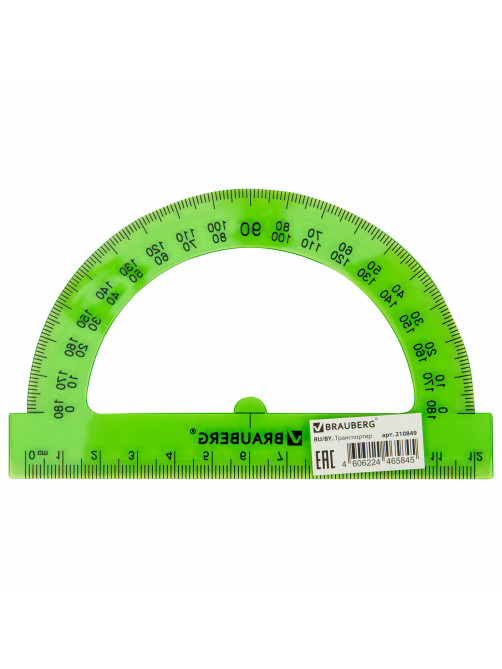 Транспортир 12 см, 180 градусов, BRAUBERG, прозрачный, неоновый, ассорти, 210849