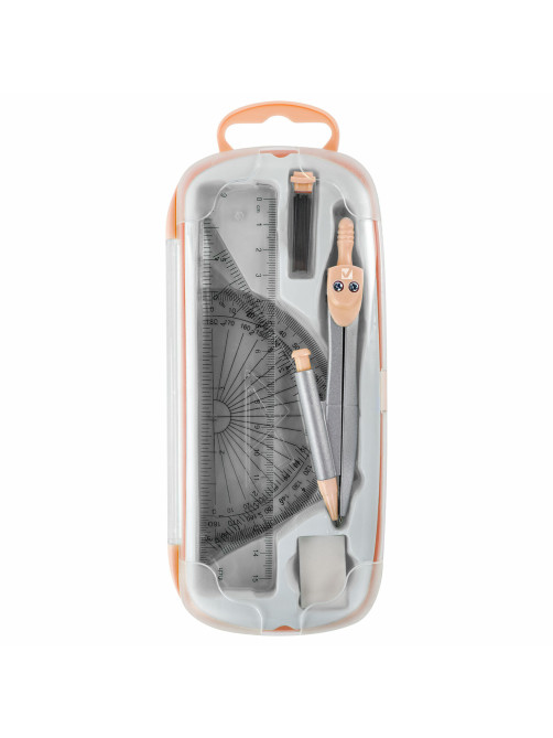 Готовальня BRAUBERG SCHOOL KIT, 9 предметов, циркуль 125 мм, чертежные принадлежности, персиковый цвет, 210715