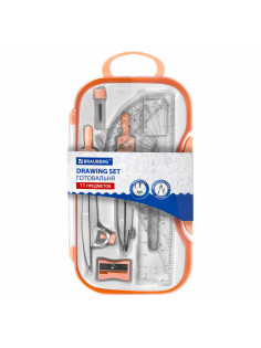 Готовальня BRAUBERG SCHOOL KIT, 11 предметов, циркуль 115 мм, циркуль 125 мм, чертежные принадлежности, персиковый цвет, 210717