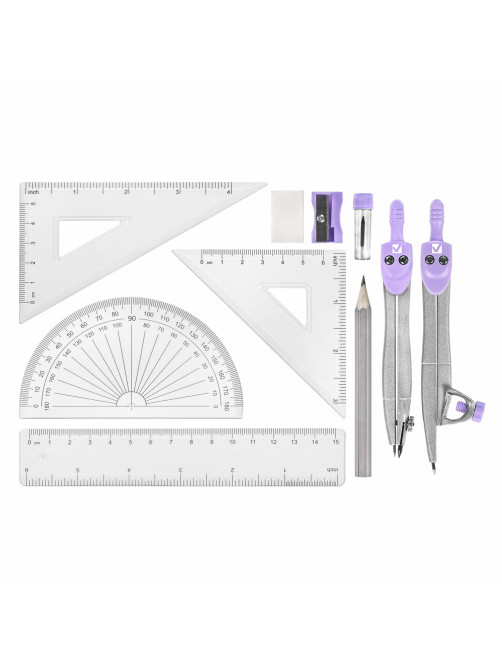 Готовальня BRAUBERG SCHOOL KIT, 11 предметов, циркуль 115 мм, циркуль 125 мм, чертежные принадлежности, лавандовый цвет, 210714