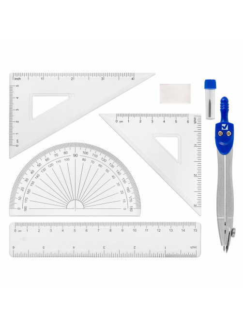 Готовальня BRAUBERG SCHOOL KIT, 8 предметов, циркуль 115 мм, чертежные принадлежности, металлический пенал со справочными материалами,210712