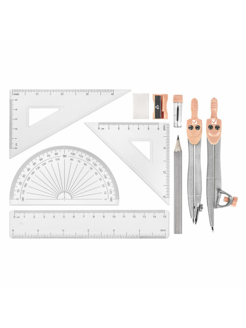 Готовальня BRAUBERG SCHOOL KIT, 11 предметов, циркуль 115 мм, циркуль 125 мм, чертежные принадлежности, персиковый цвет, 210717