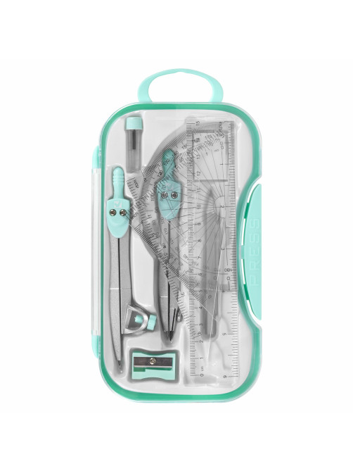 Готовальня BRAUBERG SCHOOL KIT, 11 предметов, циркуль 115 мм, циркуль 125 мм, чертежные принадлежности, мятный цвет, 210706