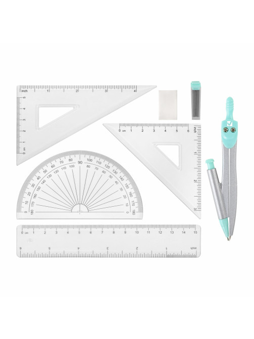 Готовальня BRAUBERG SCHOOL KIT, 9 предметов, циркуль 125 мм, чертежные принадлежности, мятный цвет, 210716