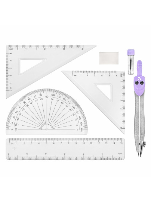 Готовальня BRAUBERG SCHOOL KIT, 8 предметов, циркуль 115 мм, чертежные принадлежности, лавандовый цвет, 210703