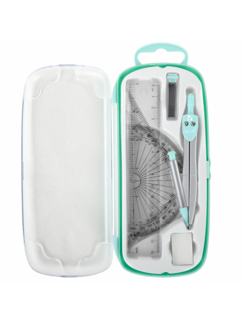 Готовальня BRAUBERG SCHOOL KIT, 9 предметов, циркуль 125 мм, чертежные принадлежности, мятный цвет, 210716