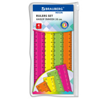Линейки пластиковые 20 см, неоновые, BRAUBERG, НАБОР 4 штуки, непрозрачные, пенал, 210904