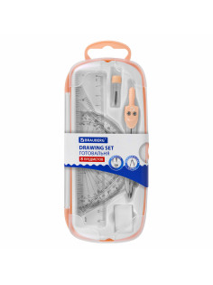 Готовальня BRAUBERG SCHOOL KIT, 8 предметов, циркуль 115 мм, чертежные принадлежности, персиковый цвет, 210704