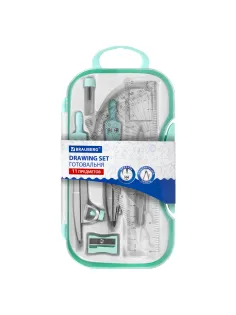 Готовальня BRAUBERG SCHOOL KIT, 11 предметов, циркуль 115 мм, циркуль 125 мм, чертежные принадлежности, мятный цвет, 210706