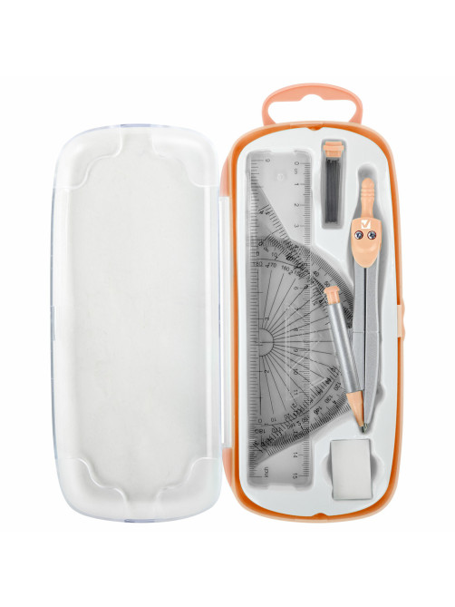 Готовальня BRAUBERG SCHOOL KIT, 9 предметов, циркуль 125 мм, чертежные принадлежности, персиковый цвет, 210715