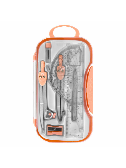Готовальня BRAUBERG SCHOOL KIT, 11 предметов, циркуль 115 мм, циркуль 125 мм, чертежные принадлежности, персиковый цвет, 210717