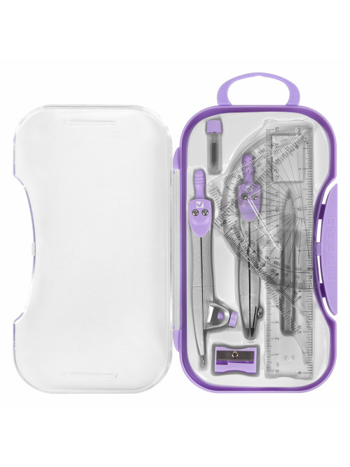Готовальня BRAUBERG SCHOOL KIT, 11 предметов, циркуль 115 мм, циркуль 125 мм, чертежные принадлежности, лавандовый цвет, 210714