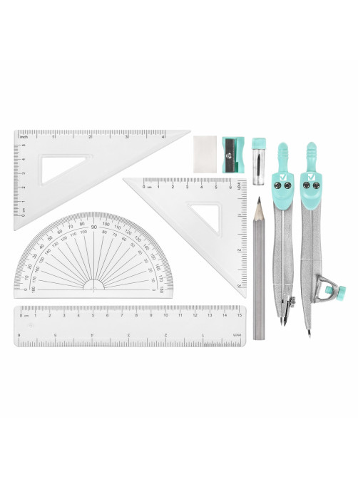 Готовальня BRAUBERG SCHOOL KIT, 11 предметов, циркуль 115 мм, циркуль 125 мм, чертежные принадлежности, мятный цвет, 210706