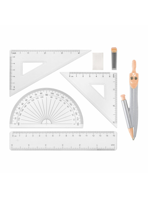 Готовальня BRAUBERG SCHOOL KIT, 9 предметов, циркуль 125 мм, чертежные принадлежности, персиковый цвет, 210715