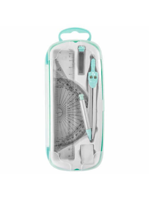 Готовальня BRAUBERG SCHOOL KIT, 9 предметов, циркуль 125 мм, чертежные принадлежности, мятный цвет, 210716